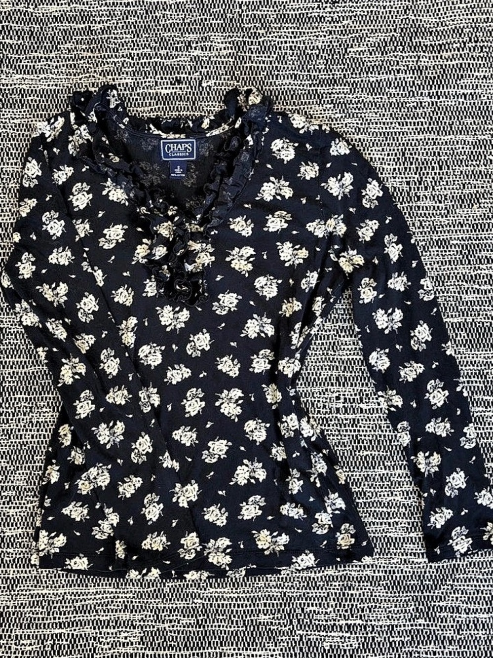 Chaps Y2K Floral Ruffle Blouse in Black & White Small Whimsigoth